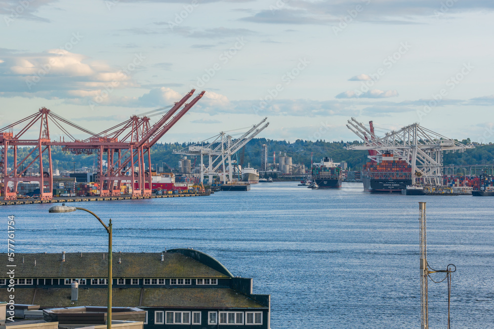 Downtown Seattle. View of the Seattle port. Ships with containers. International trade
