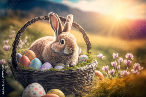 Easter bunny and easter eggs on a spring meadow - Generative AI
