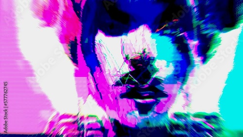Portrait of a cyberpunk girl transforming into pixel and glitch animation. Noise video art.
