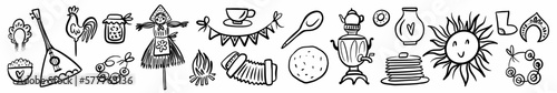 Vector horizontal pattern of the Maslenitsa holiday, hand-drawn in the style of a doodle