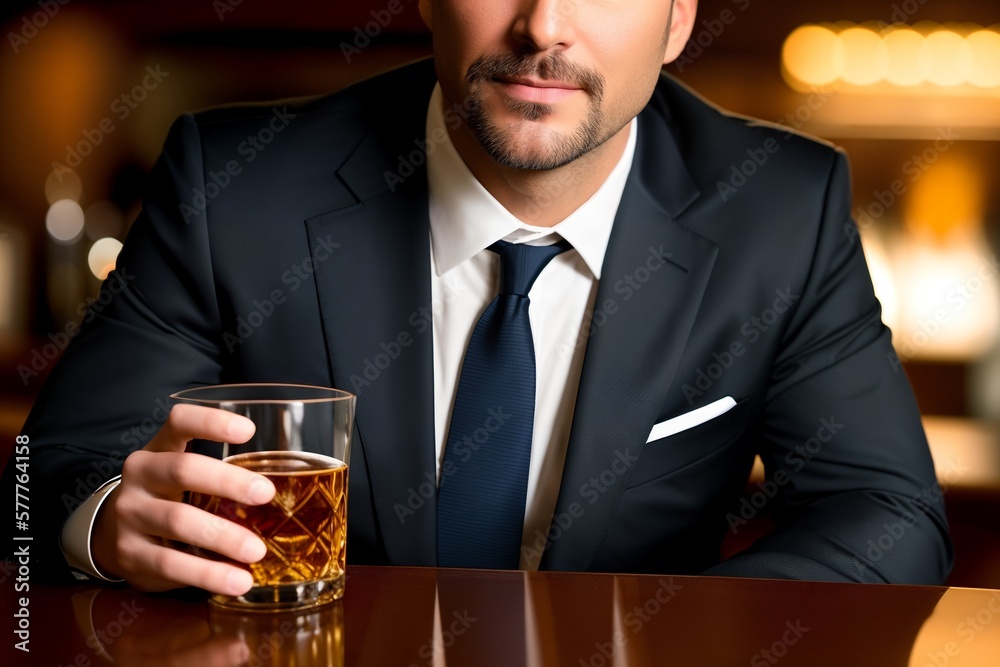 Whisky elegant. Man with beard holds glass of brandy. Bearded businessman in elegant suit with glass of whiskey. Luxury beverage concept. Generative ai . Whisky elegant. Man with beard holds glass of brandy. Bearded businessman in elegant suit with glass of whiskey. Luxury beverage concept. Generative ai .