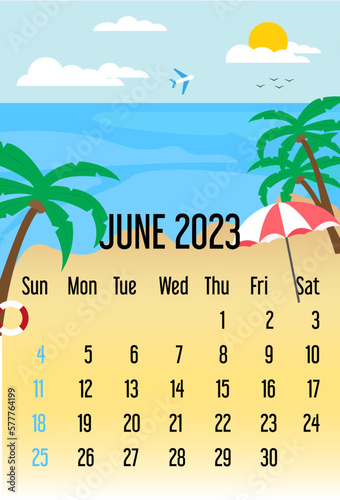 calendar june 2023. calendar template with sea and beach.  summer concept. week starts sunday