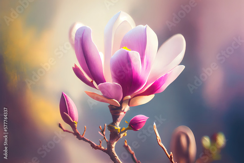 Twig with blooming pink magnolia flower. Generative Ai