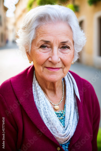 Portrait of a gray-haired old lady on a blurry street background of a small cozy town. AI generative.