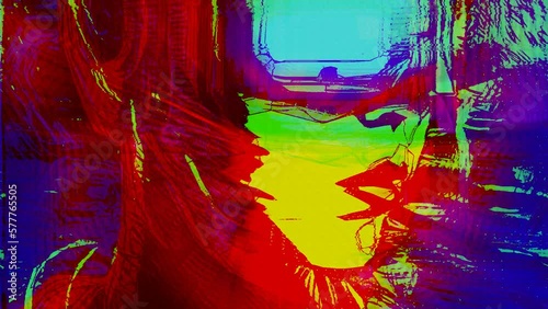 Portrait of a cyberpunk girl transforming into pixel and glitch animation. Noise video art.
