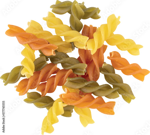 Spinach and tomato vegetable helices Italian pasta vector isolated on transparent background. Italian pasta girandole vector, without background for illustration, banner, restaurant cards