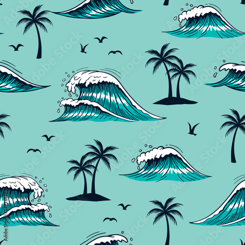 Seamless pattern with waves and palm trees. Hand-drawn vector summer illustrations repeat pattern