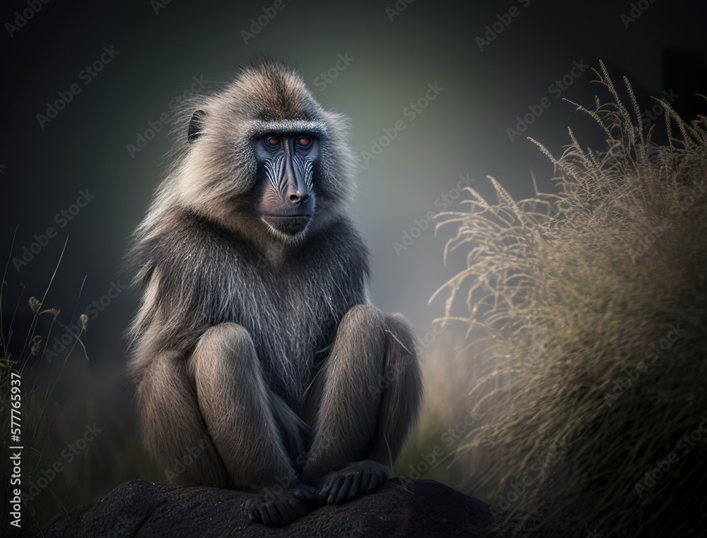 Baboon in the grass, a baboon sitting on a rock. 3D realistic illustration. Based on Generative AI Baboon in the grass, a baboon sitting on a rock. 3D realistic illustration. Based on Generative AI