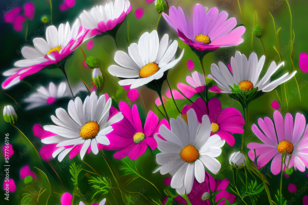 Fototapeta premium Meadow with lots of white and pink spring daisy flowers. Generative Ai