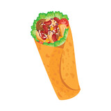 Burrito stuffed with meat, beans and vegetables vector illustration. Tex-Mex food tortilla wrapped icon vector isolated on white background. Traditional mexican food drawing