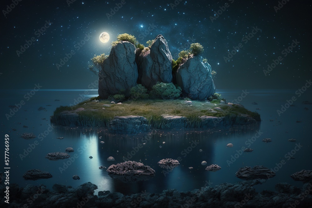Flying rock islands at night sky landscape. Ai art Stock Illustration ...