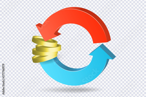 Two arrows circle round Golden coins. Payment concept. Isometric money exchange icon. Investment and banking concept. Currency transfer, money conversion, banking concept. 3d vector illustration