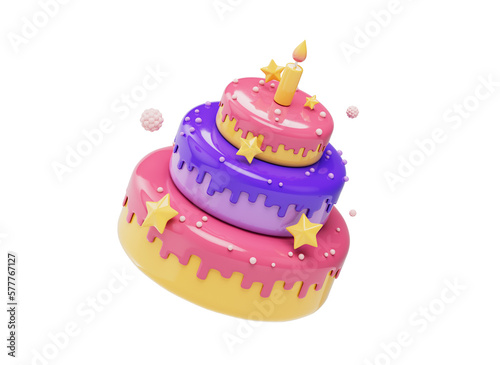 3D Birthday cake icon with candle and decorations. Birthday celebration cake. 3D candle cake icon.   Cartoon birthday cake. Cartoon style design 3D icon isolated on white background. 3D rendering. (ID: 577767127)
