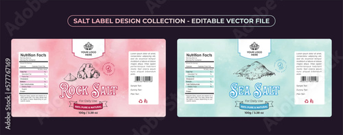 Salt label design Sea salt packaging design, iodized salt rock salt for daily use, jar label vector set collection photo
