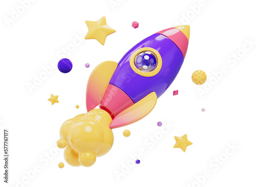 3D rocket launch icon. SEO strategy space concept. 3D startup rocket launch. Business space exploration. Cartoon style design 3D icon isolated on white background. 3D rendering. (ID: 577767177)