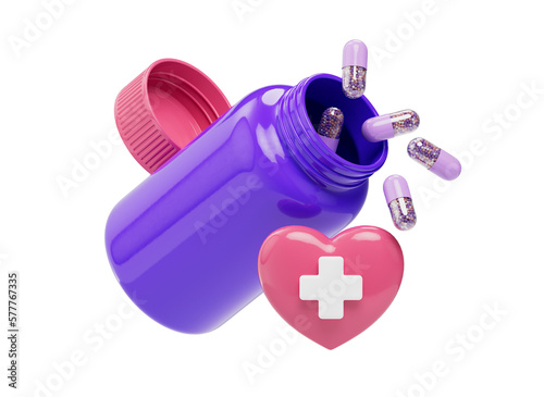 Fényképezés 3D health care icon with medicine plastic bottle and pills