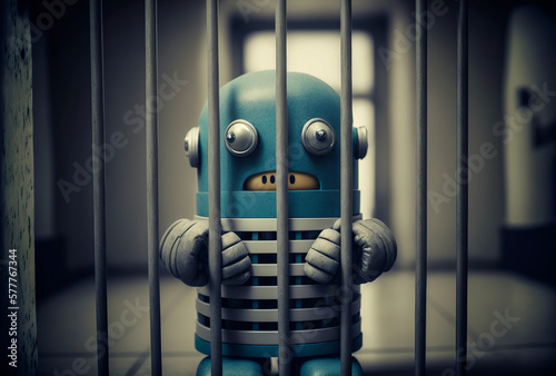 Fényképezés Sad robot imprisoned behind bars in his cell, questioning whether robots have the same rights as humans
