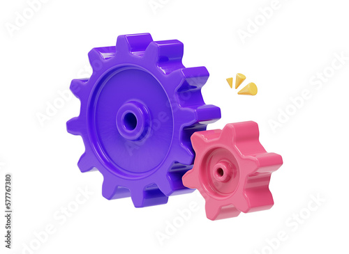 3D Cartoon cogwheel gear icon. Technology symbol design. Work settings cog icon. UX and UI development solution. Cartoon style design 3D icon isolated on white background. 3D rendering. (ID: 577767380)