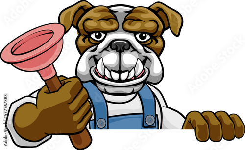 Bulldog Plumber Cartoon Mascot Holding Plunger photo