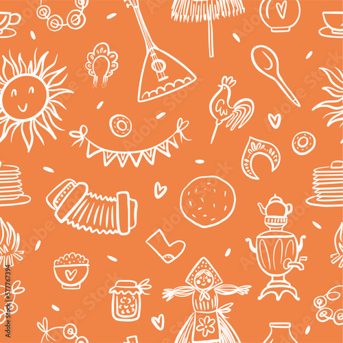 Vector pattern of the Maslenitsa holiday, hand-drawn in the style of a doodle