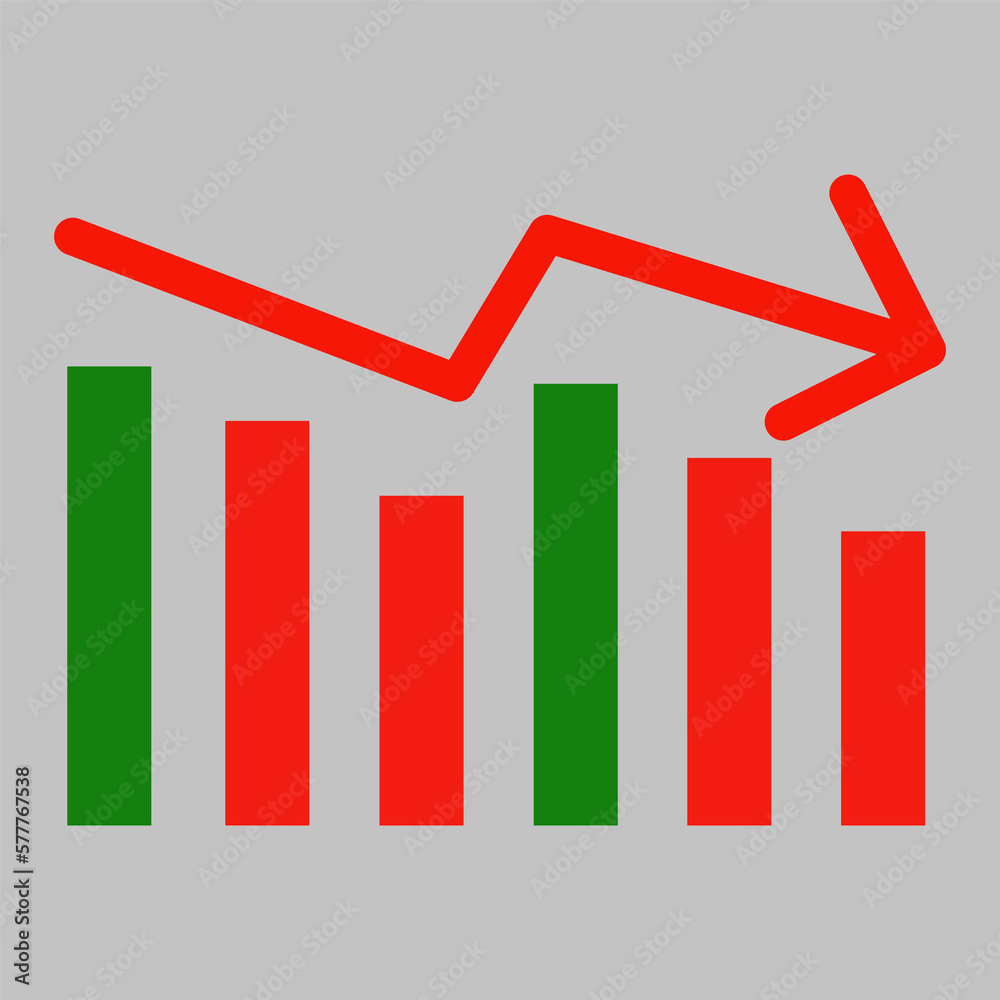 Bearish graph with gray background and colored candles, indication of return, falling prices, worsening, vector indicating bearishness, graph indicating downward trend. Bearish graph with gray background and colored candles, indication of return, falling prices, worsening, vector indicating bearishness, graph indicating downward trend.