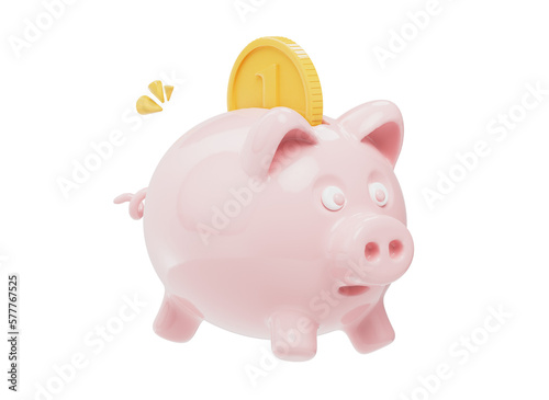 3D piggybank icon with gold coin. Cute cartoon piggybank illustration. Save money concept. Financial success and growth. Cartoon style design 3D icon isolated on white background. 3D rendering. (ID: 577767525)
