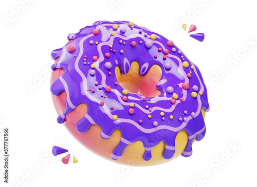 3D doughnut icon with pink glaze and sprinkles. Cartoon doughnut illustration. Food delivery service. Nutrition app logo. Cartoon style design 3D icon isolated on white background. 3D rendering. (ID: 577767566)