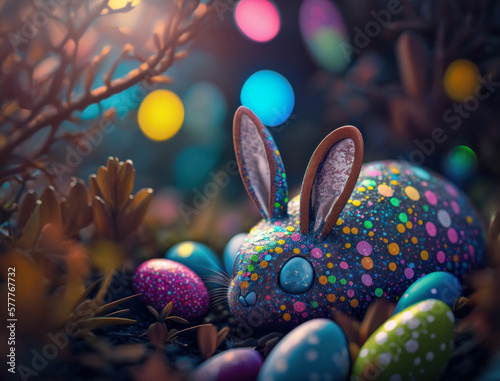 Happy Easter background concept Bunny with easter eggs on meadow with flowers created with Generative AI technology