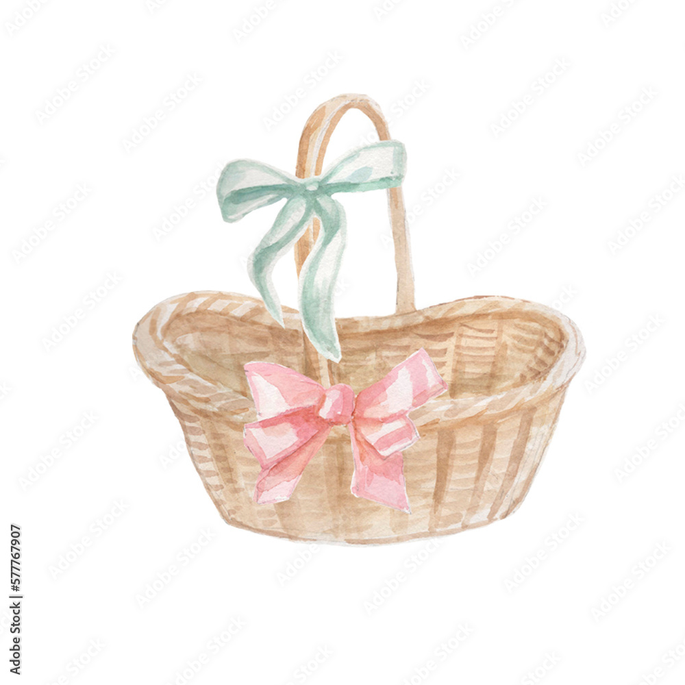 Easter holiday spring bunnies animals, chick, duckling, eggs, basket wicker cup ribbons and church decoration watercolor illustrations hand drawn set isolated on white background