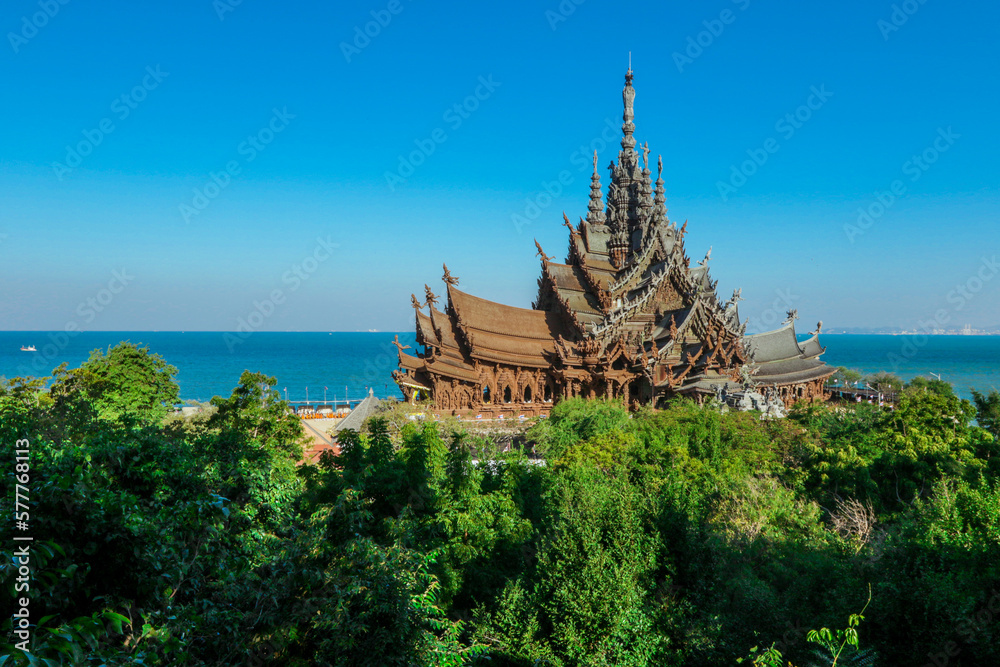 Panoramic View to the Sanctuary of Truth with the Blue Sea background in Pattaya, Thailand Panoramic View to the Sanctuary of Truth with the Blue Sea background in Pattaya, Thailand