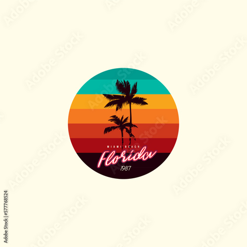Vintage round sunset in the style of the 80s. Vector background. A design element.