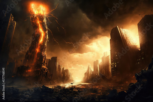 illustration painting of red thunder cityscape, the burning city, digital art style, digital painting. (ai generated)