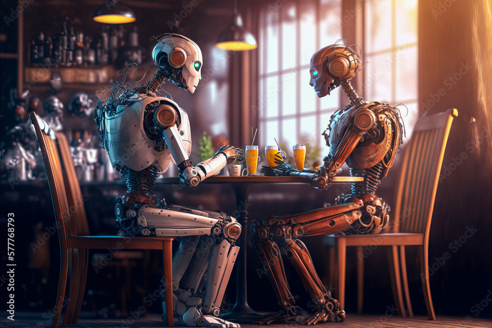 Intimate moment between two humanoid robots in a café - tender, romantic and capable of feeling emotions and affection. Perfect to portray hearts, love and technology. Generative AI