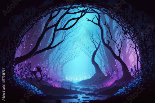 Circle Fairy forest at night, fantasy glowing flowers and lights. (ai generated)