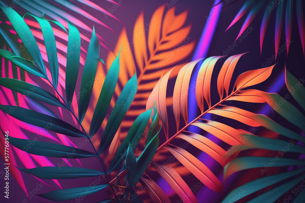 Background palm leaves branches of gradient color. Summer banner, poster with 3d objects fluorescent shade (ai generated) Background palm leaves branches of gradient color. Summer banner, poster with 3d objects fluorescent shade (ai generated)
