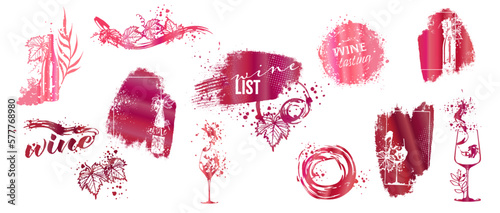 Wine Designs - Collection of wine glasses and bottles. Hand drawn elements for invitation cards, advertising banners, menus in gold style. Wine glasses with splashing wine. Sketch vector illustration.