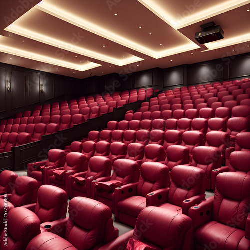 Soft and luxurious audience seats in an auditorium or movie theater. These chairs are arranged in rows. The decoration in the hall is beautiful and luxurious. 