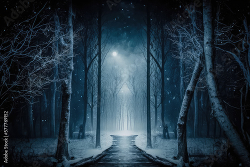 Dark abstract winter forest background. Wooden floor  snow  fog. Dark night background in the forest with moonlight. Night view.  ai generated 