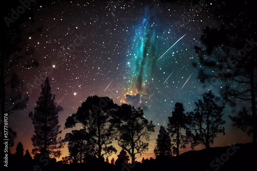 aurora borealis in the mountains. night sky. shooting star. Generative AI