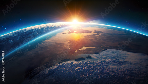 Sunrise on earth. The curvature of the planet Earth. Aerial shots of the blue planet from space. AI generated illustration.