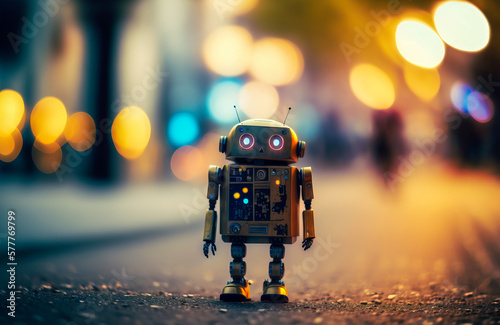 Explore the future with this street robot with bright, caring eyes. Symbolizes the technological advances in the field of robots and AI. Generative AI