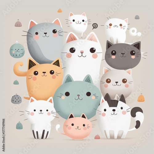 Doddle of seamless pattern of group of cartoon cats with seamless pattern. Children like with Generative AI technology