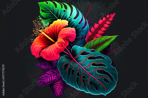 A carnivorous plant in fluorescent color on a black background. A bright and creative tropical atmosphere, very exotic and inspiring. Generative AI photo