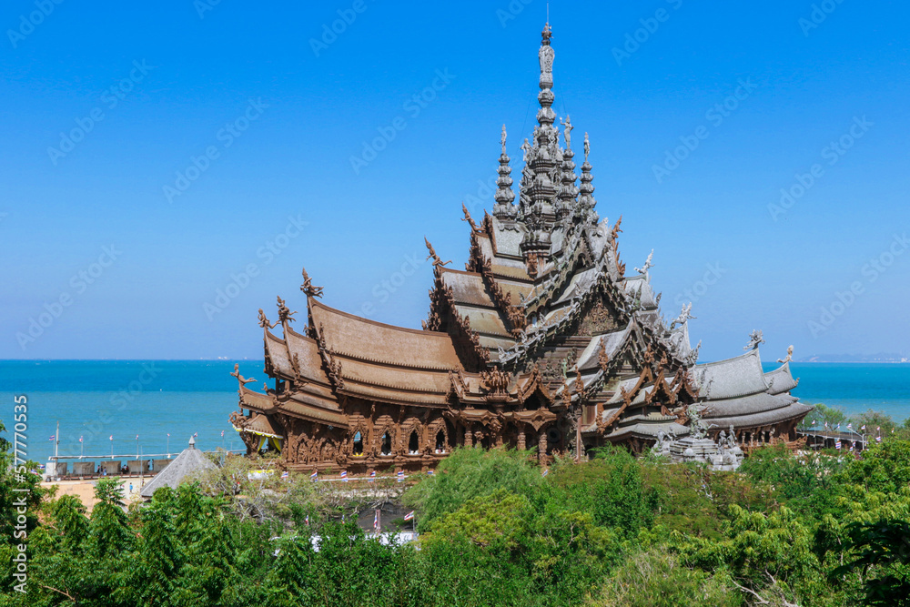 Panoramic View to the Sanctuary of Truth with the Blue Sea background in Pattaya, Thailand