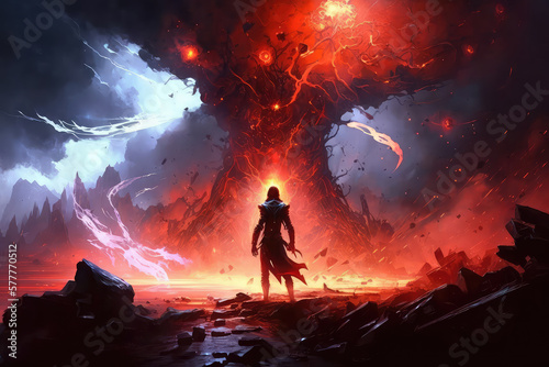 a man standing and looking at the huge fire portal floating in the sky, digital art style, illustration painting (ai generated)