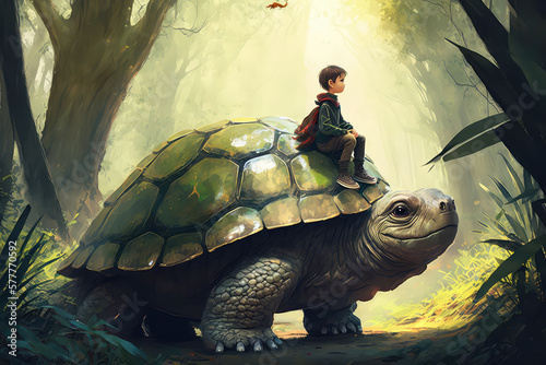 illustration painting of a boy sitting on giant tortoise in the forest, digital painting. (ai generated) photo