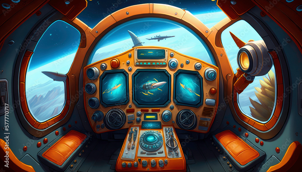 Cartoon Spaceship Cockpit Background Cartoon Cosmic Cockpit Backdrops | AI Generated