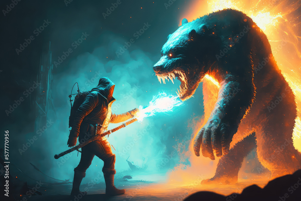 illustration painting of a man with a flamethrower fighting with a demon bear, digital art style