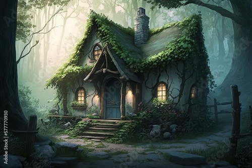 Ivy-Covered Quaint Hermit or Witch Cottage House in the Forest, Medieval RPG Fantasy Building Exterior [Generative AI]