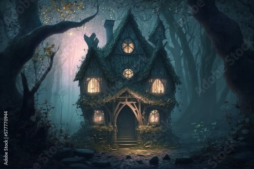 Witch Cottage in the Haunted Forest, Strange Dwelling, Lit at Night, Medieval RPG Fantasy Building Exterior [Generative AI] © Visionarily